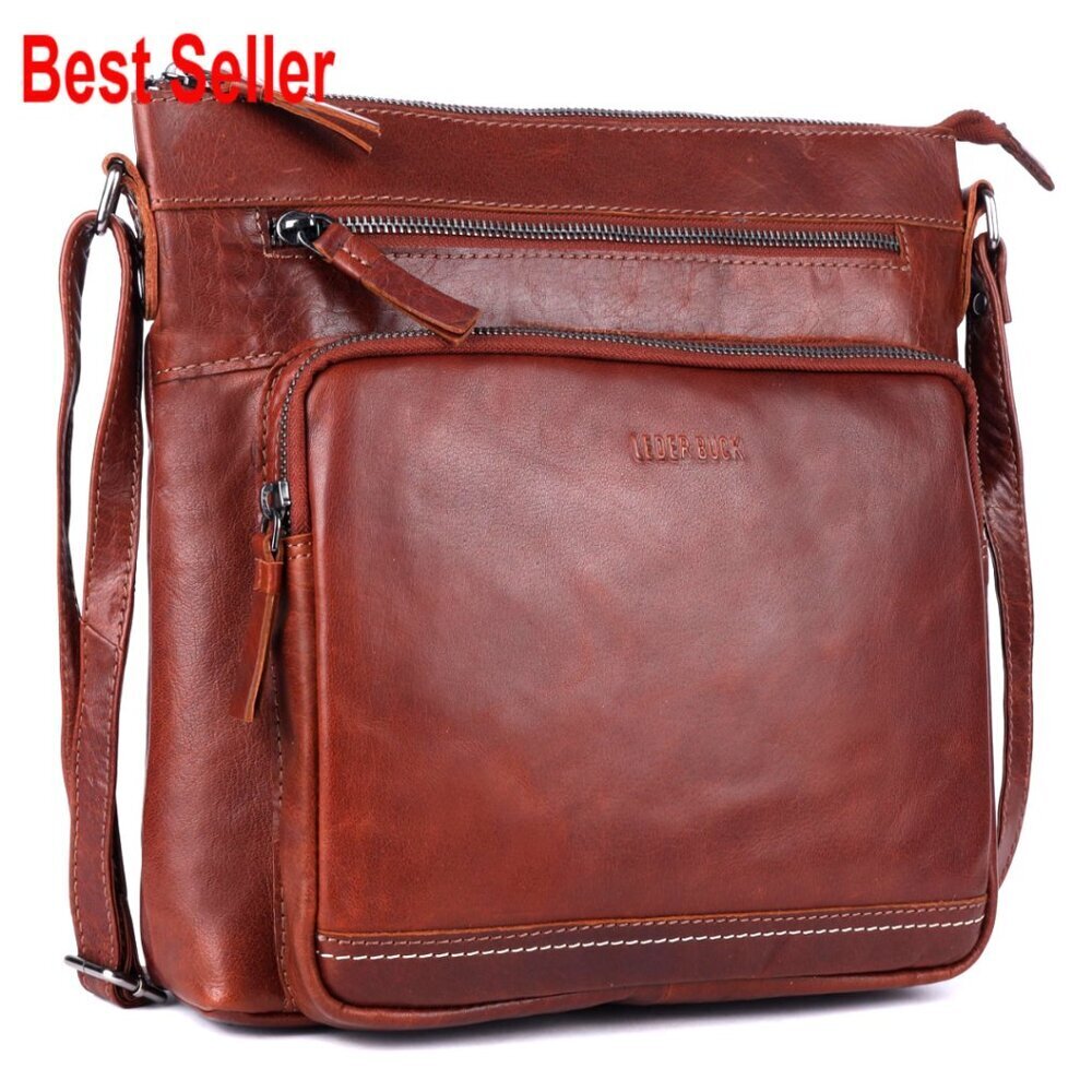 Extra-Large Genuine Leather Crossbody Bag with Triple-Zip Compartments